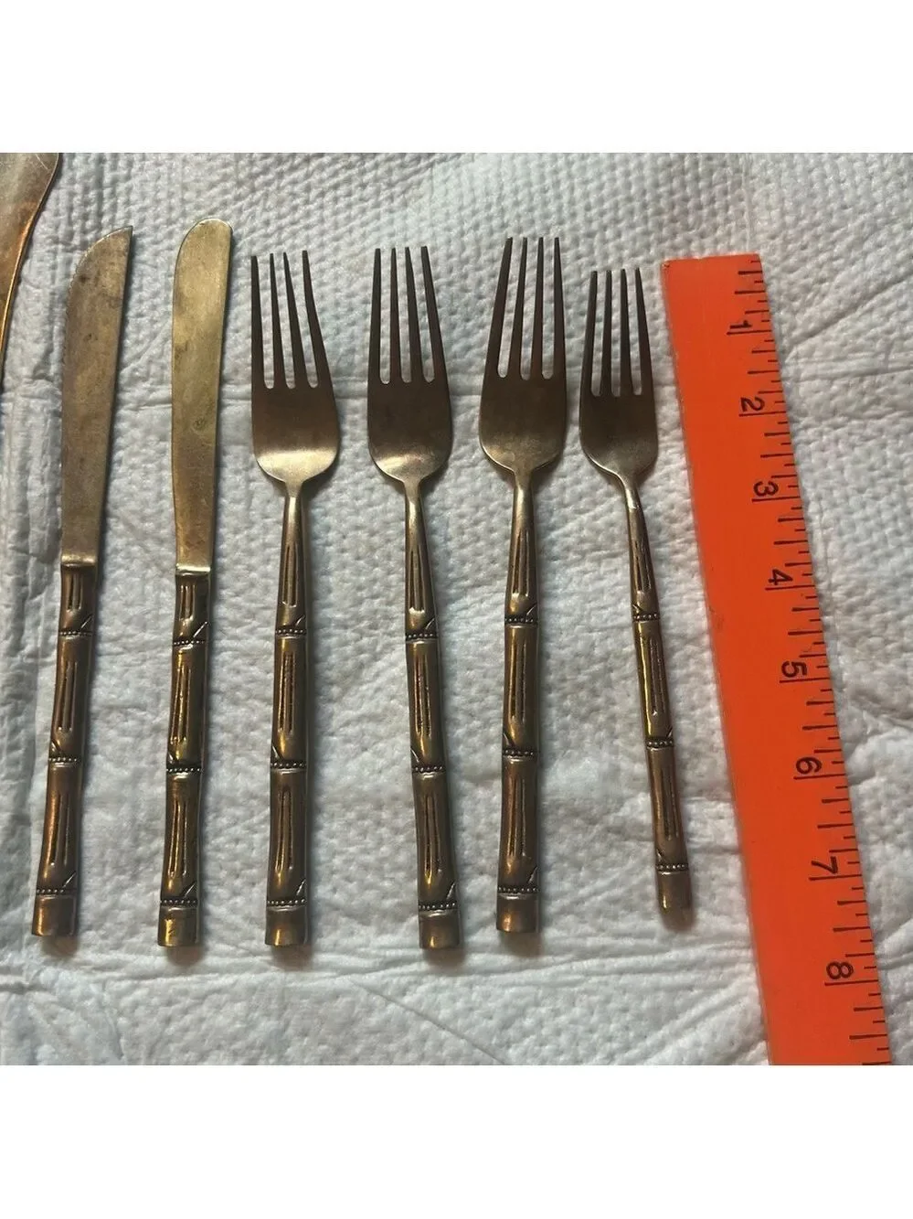 VTG Mid Century Serving Utensils Nickel Bronze Bamboo Design Set of 11 Gold Tone